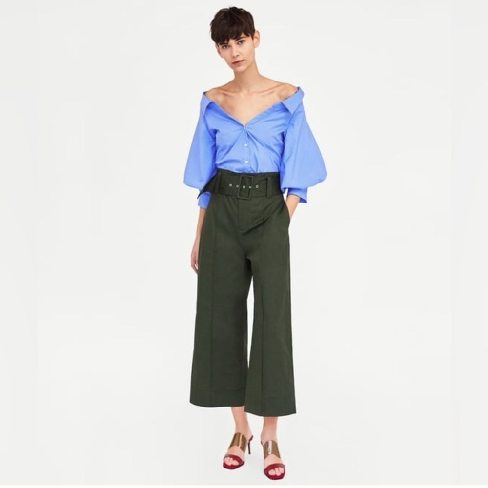 Zara High Rise Wide Leg Crop Pant with Tonal Belt - Olive Green